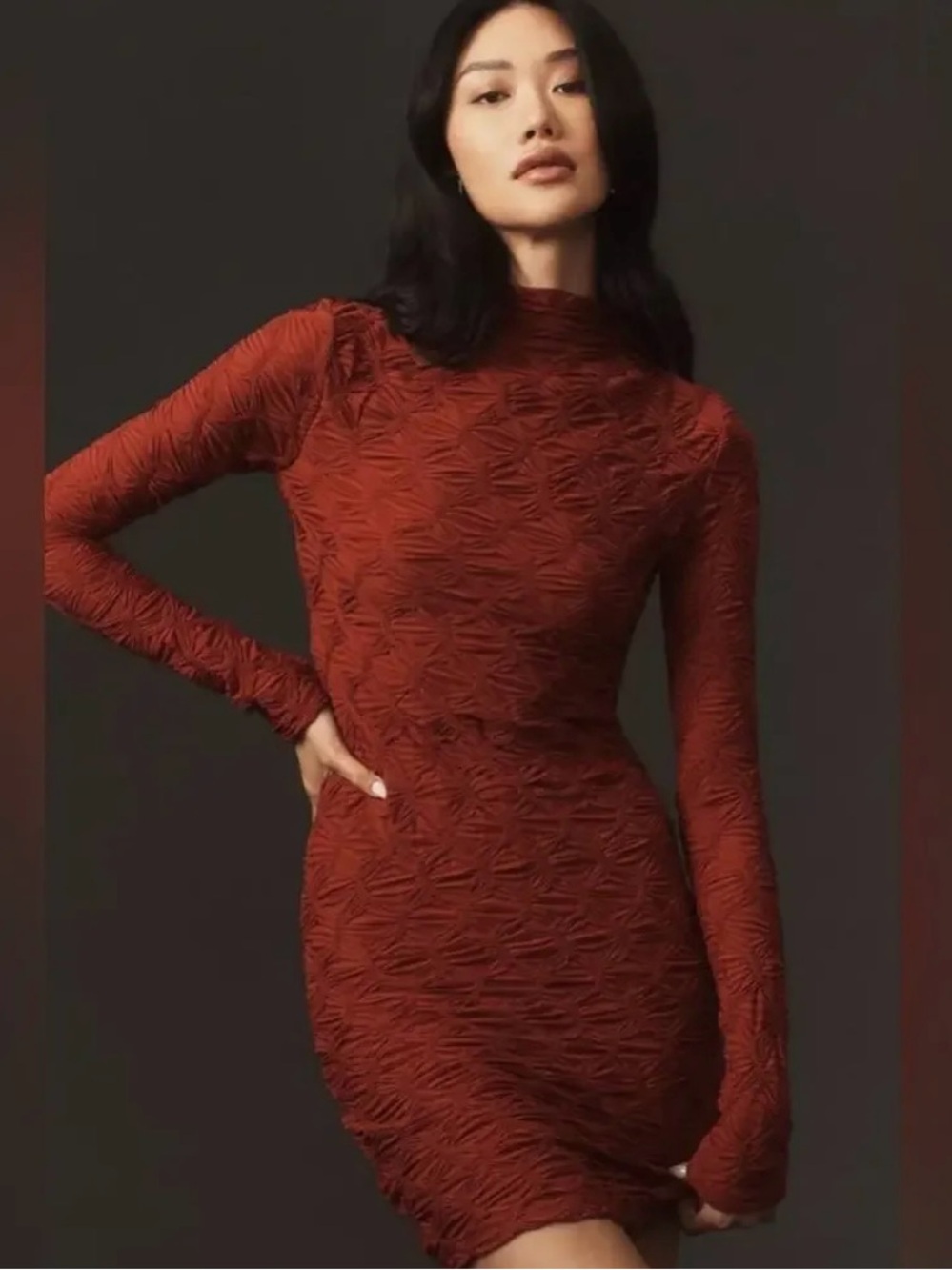 Anthropologie Maeve XL Red Scrunch Stretchy Long Sleeved Mini Dress